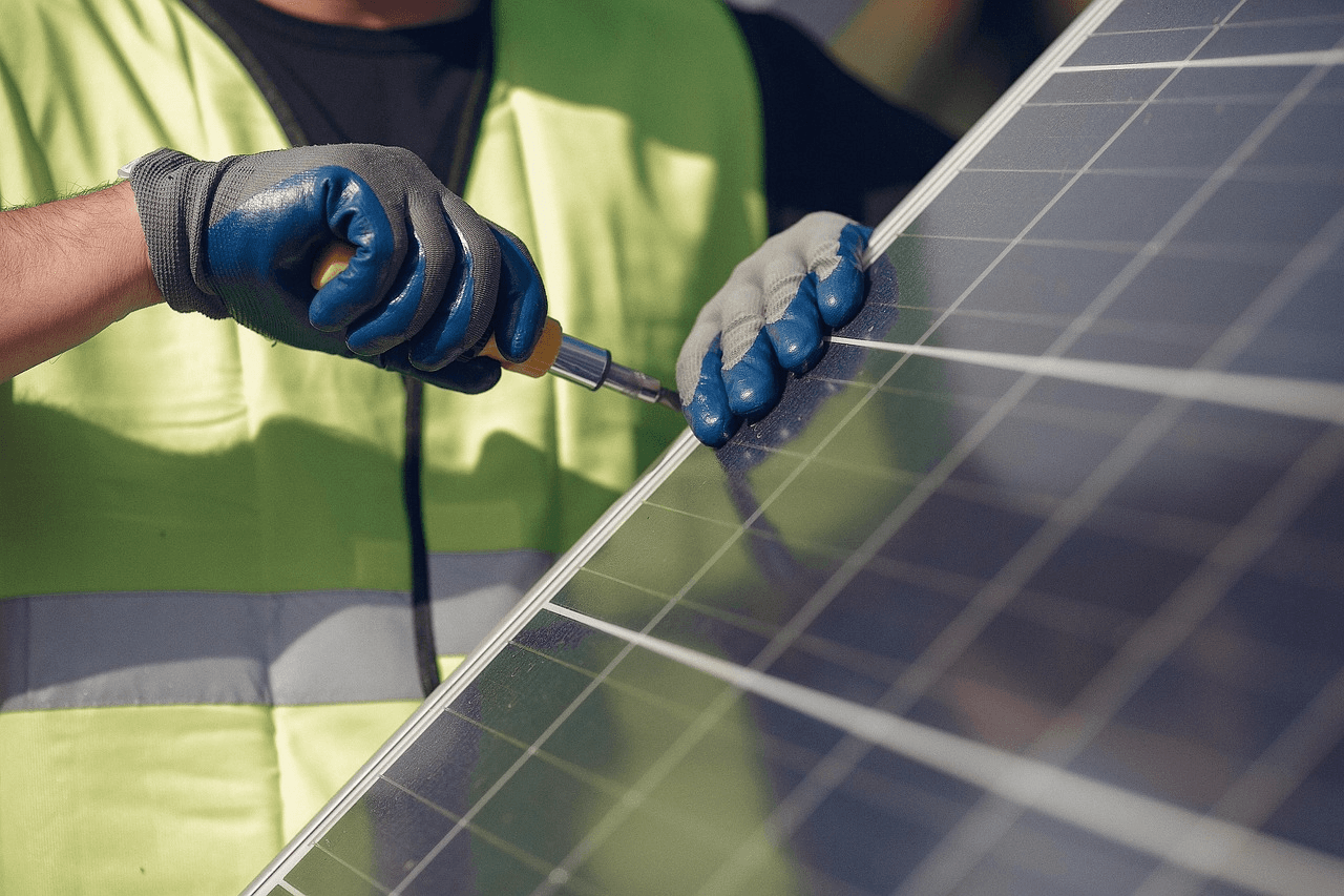 Solar farm with rows of panels